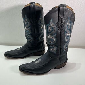 Stingray Men 7 (25) Western Leather Black Boots Blue Embroidery Biker Cowboy